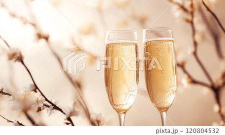Champagne flutes with blossoming branch backdrop 120804532