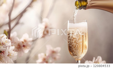 Sparkling Champagne Pour with Elegant Floral Background 120804533