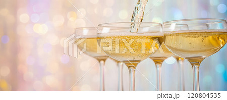 Champagne being poured into coupe glasses for celebration 120804535