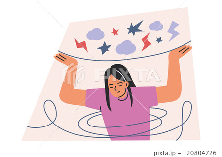 Abstract vector illustration of stressed and overwhelmed woman in flat cartoon style. Emotional and mental health concept, anxiety, tension, and introspection emotions. Perfect for psychology themes Abstract vector illustration of stressed and overwhelmed woman in flat cartoon style. Emotional and mental health concept, anxiety, tension, and introspection emotions. Perfect for psychology themes 120804726