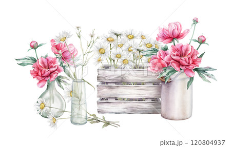 Watercolor bouquet of white blossom flowers chamomile in white gray wooden box and bouquet peones in metal can. Flowers tansy in glass vases with key. Hand drawn illustration isolated on background Watercolor bouquet of white blossom flowers chamomile in white gray wooden box and bouquet peones in metal can. Flowers tansy in glass vases with key. Hand drawn illustration isolated on background 120804937