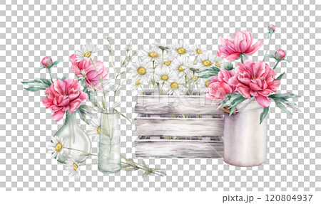 Watercolor bouquet of white blossom flowers chamomile in white gray wooden box and bouquet peones in metal can. Flowers tansy in glass vases with key. Hand drawn illustration isolated on background Watercolor bouquet of white blossom flowers chamomile in white gray wooden box and bouquet peones in metal can. Flowers tansy in glass vases with key. Hand drawn illustration isolated on background 120804937