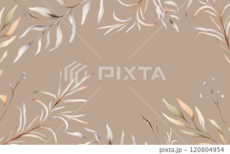 Rectangle Frame with pastel color autumn fantasy botanical. Watercolor hand painting illustration on isolated background. Banner of flowers with herbs and dried branches. 120804954