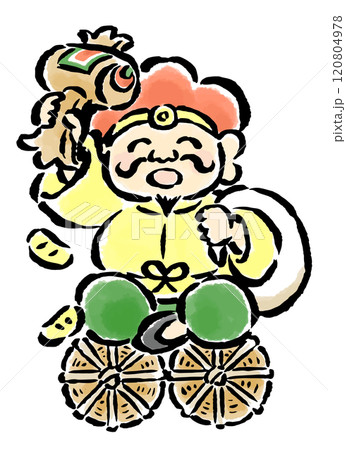 打出の小槌と袋を持って米俵の上に座る大黒天 筆タッチ手描きイラスト