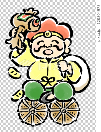 打出の小槌と袋を持って米俵の上に座る大黒天 筆タッチ手描きイラスト