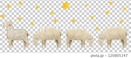 Stylized sheep and stars watercolor seamless border isolated on white background. Hand painted high quality illustration for cards, posters, celebration of true Christmas decor. Cute minimalistic 120805147