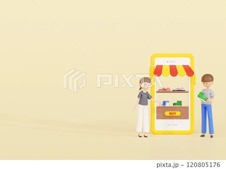 3DCG｜プレ値が付く人気モデルのスニーカーの購入を検討しているおしゃれな若い男性客に商品説明を行う 120805176