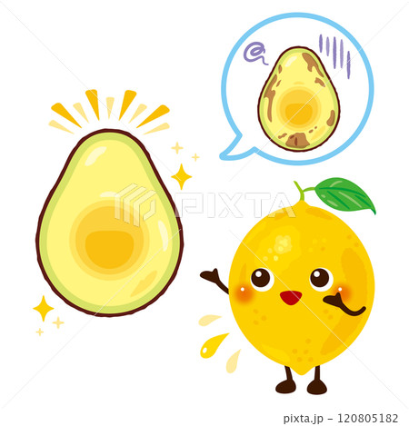 アボカドの酸化による変色を防ぐレモンのキャラクターイラスト アボカドの酸化による変色を防ぐレモンのキャラクターイラスト 120805182