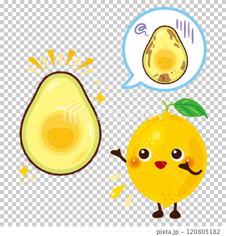 アボカドの酸化による変色を防ぐレモンのキャラクターイラスト アボカドの酸化による変色を防ぐレモンのキャラクターイラスト 120805182