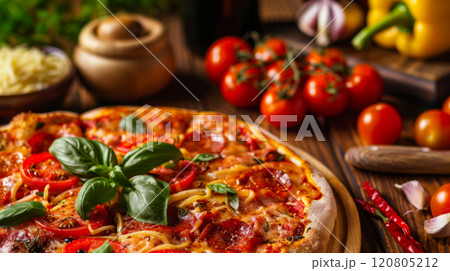 Freshly Baked Pizza with Basil and Tomatoes on Rustic Table Freshly Baked Pizza with Basil and Tomatoes on Rustic Table 120805212