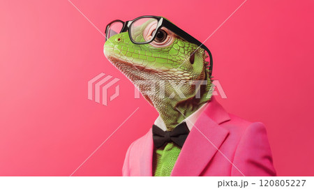 Green lizard in pink suit and glasses, bold and stylish 120805227