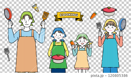 Illustration of a young family wearing aprons cooking 4c 120805386