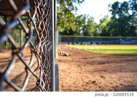From the dugout, the view of the baseball diamond is framed 120805519