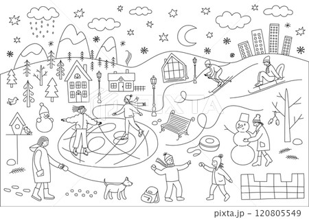 Winter park coloring page with people ice skating, playing snowballs, building snowmen, sledding, and skiing, detailed outdoor scene for kids, fun winter activity, outline illustration Winter park coloring page with people ice skating, playing snowballs, building snowmen, sledding, and skiing, detailed outdoor scene for kids, fun winter activity, outline illustration 120805549