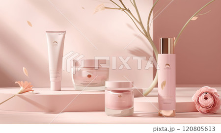 Tubes and jars of a cosmetic product on a light pink background with floral decorative elements. Tubes and jars of a cosmetic product on a light pink background with floral decorative elements. 120805613