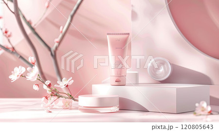 A tube and jar of a cosmetic product on a light pink background with floral decorative elements A tube and jar of a cosmetic product on a light pink background with floral decorative elements 120805643