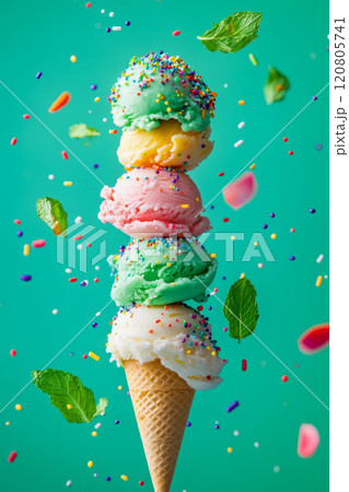 Ice cream cone with colorful scoops and flying sprinkles 120805741