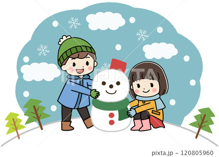 雪だるまと雪遊びをする子供たちのイラスト 120805960