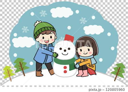 雪だるまと雪遊びをする子供たちのイラスト 120805960
