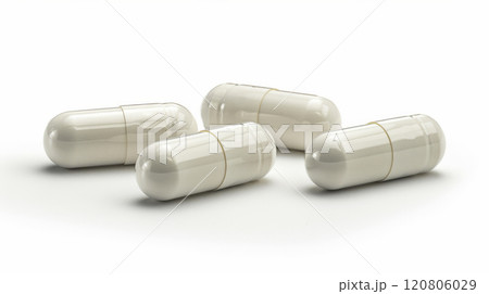 Four white capsules isolated on white background, minimalistic pharmaceutical design for healthcare and medication concept 120806029