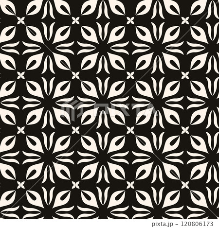 Vector black and white floral seamless pattern. Abstract minimal geometric ornament with flowers in oriental style. Simple monochrome background. 120806173