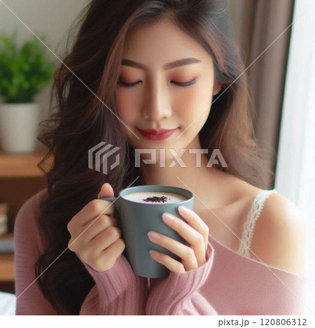 自宅リビングでカフェオレを飲む女性 120806312