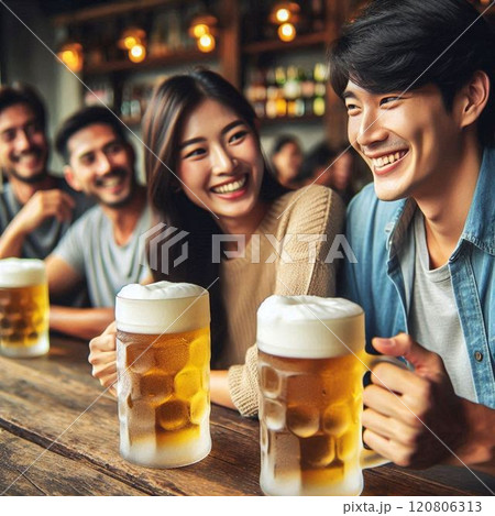 酒場の生ビールで乾杯をする仲間たち 120806313