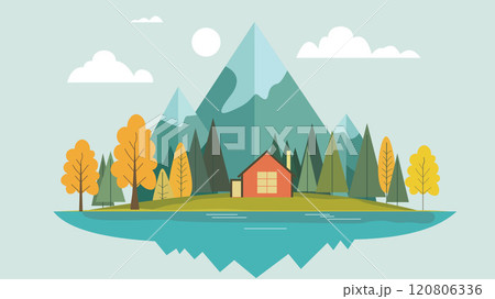 Mountain River Lake Landscape with Home House in Bright Sky in Autumn Fall Season 120806336