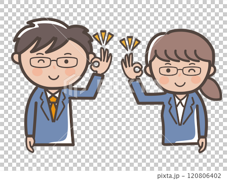 ウインクしてOKサインを出すメガネ男子とメガネ女子のビジネスマンのイラスト 120806402