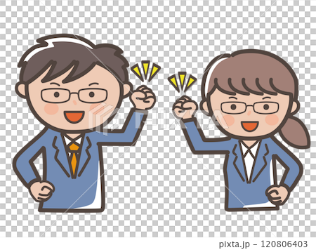 一個戴眼鏡的男人和一個戴眼鏡的女人的插圖,以勇敢的姿勢表現出巨大的動力 一個戴眼鏡的男人和一個戴眼鏡的女人的插圖,以勇敢的姿勢表現出巨大的動力 120806403