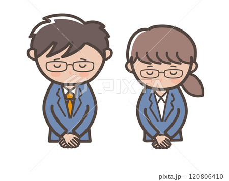 頭を下げて謝るメガネ男子とメガネ女子のビジネスマンのイラスト 頭を下げて謝るメガネ男子とメガネ女子のビジネスマンのイラスト 120806410