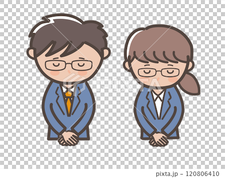 頭を下げて謝るメガネ男子とメガネ女子のビジネスマンのイラスト 頭を下げて謝るメガネ男子とメガネ女子のビジネスマンのイラスト 120806410