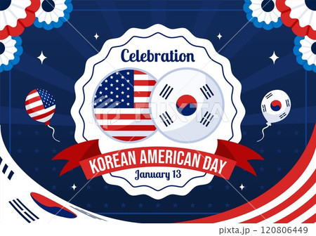 Korean American Day Vector Illustration on January 13 featuring the USA and South Korean Flags to Celebrate the Republic of Alliance in a Background Korean American Day Vector Illustration on January 13 featuring the USA and South Korean Flags to Celebrate the Republic of Alliance in a Background 120806449