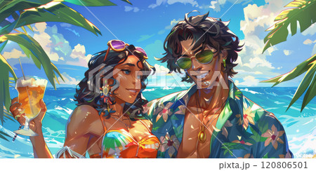 Stylish couple enjoying tropical summer vacation with drinks by the beach 120806501