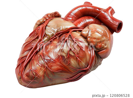 Realistic 3D model of a human heart with arteries and veins isolated on a transparent background. Medical anatomy illustration. 120806528