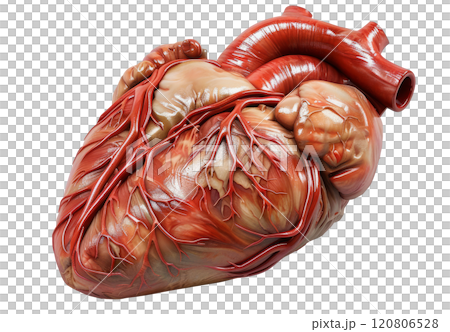 Realistic 3D model of a human heart with arteries and veins isolated on a transparent background. Medical anatomy illustration. 120806528