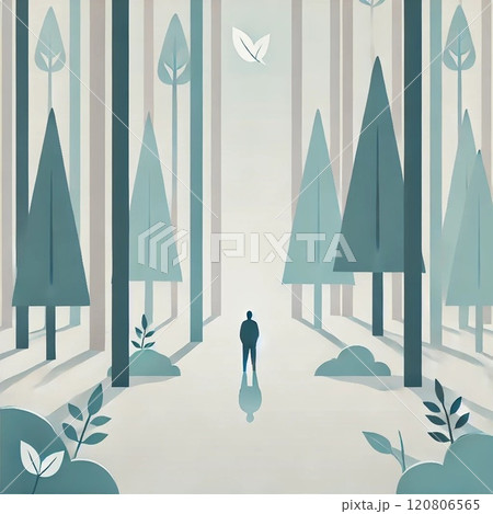 静寂の森：孤独を感じる一人のシルエット 120806565