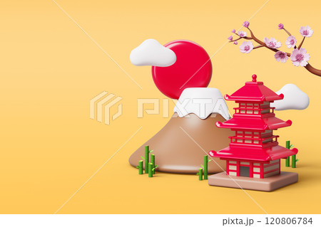 3d Japanese spring scene with mount fuji, pagoda, pink cherry blossom sakura branch, bamboo, red sun and clouds on yellow background render. Asian nature landscape, travel banner. 3D illustration 120806784