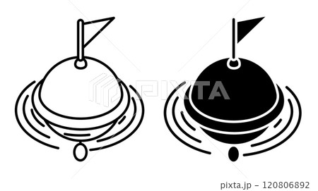 Linear icon, restrictive sea buoy on waves. Regulation and safety of shipping in ocean. Simple black and white vector isolated on white background 120806892