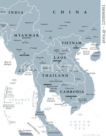 Mainland Southeast Asia, northern part of formerly known Indochina, gray political map. The countries Thailand, Vietnam, Myanmar, Laos, and Cambodia, with borders, their capitals and largest cities. Mainland Southeast Asia, northern part of formerly known Indochina, gray political map. The countries Thailand, Vietnam, Myanmar, Laos, and Cambodia, with borders, their capitals and largest cities. 120806901