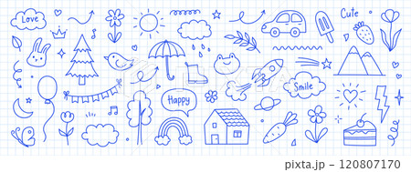 Cute kid background line tree, cloud, flower icon. Hand drawn doodle sketch kid art element pattern. Flower, animal, cloud children draw style design element background. Vector Cute kid background line tree, cloud, flower icon. Hand drawn doodle sketch kid art element pattern. Flower, animal, cloud children draw style design element background. Vector 120807170