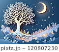 Paper applique, tree with roots against night sky and moon. High quality illustration 120807230
