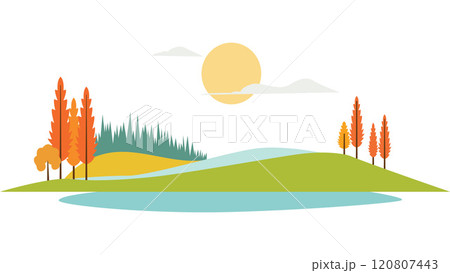 River Lake Nature Landscape with Hill Mountain and Sun in Bright Sky in Autumn Fall Season 120807443