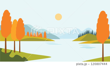 River Lake Nature Landscape with Hill Mountain and Sun in Bright Sky in Autumn Fall Season River Lake Nature Landscape with Hill Mountain and Sun in Bright Sky in Autumn Fall Season 120807444