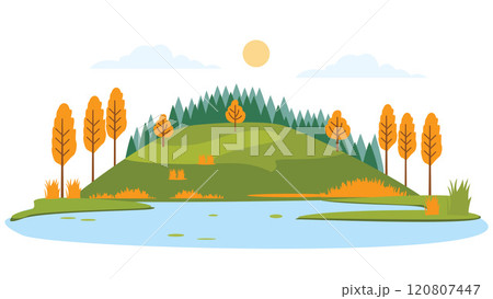 River Lake Nature Landscape with Hill Mountain and Sun in Bright Sky in Autumn Fall Season River Lake Nature Landscape with Hill Mountain and Sun in Bright Sky in Autumn Fall Season 120807447