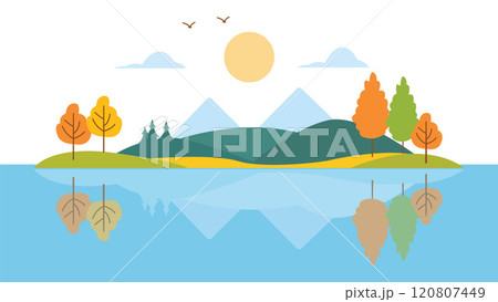 River Lake Nature Landscape with Hill Mountain and Sun in Bright Sky in Autumn Fall Season 120807449