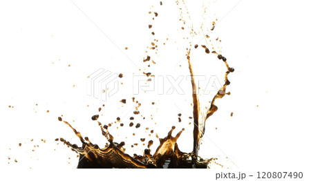 Black Coffee, tea, espresso, cola pouring and splash as crown water. Coffee, tea, espresso, cola explode bubble splash in mid air. White background isolated photo with gold glitter 120807490
