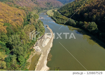 Sand and gravel exploitation in the river aerial view Sand and gravel exploitation in the river aerial view 120807529