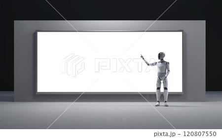 Humanoid robot or ai cyborg with blank white led advertising board 120807550