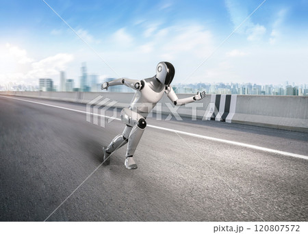 Artificial intelligence robot for smart city with 3d rendering assistant robot run or move ahead in city 120807572
